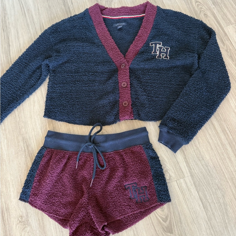 Tommy Hilfiger Navy and Burgundy Cozy Sherpa Lounge Set